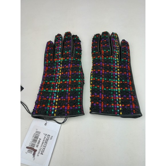 Saint Laurent YSL Checked Boucle Tweed Wool & Leather Gloves Black Size 7 - Picture 1 of 5